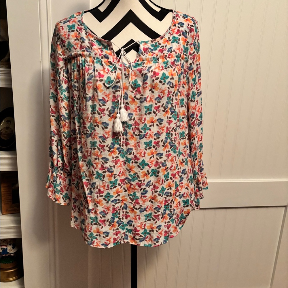 Zac & Rachel Cream Floral Tassel Tie-Neck Blouse with Multicolor Print